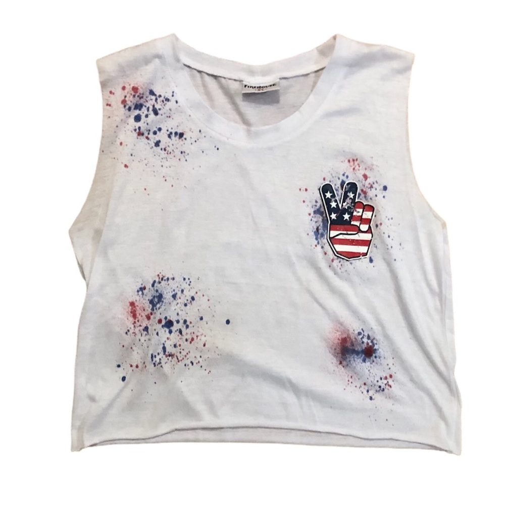 White American flag firework peace girl’s raw edge tank top, XL